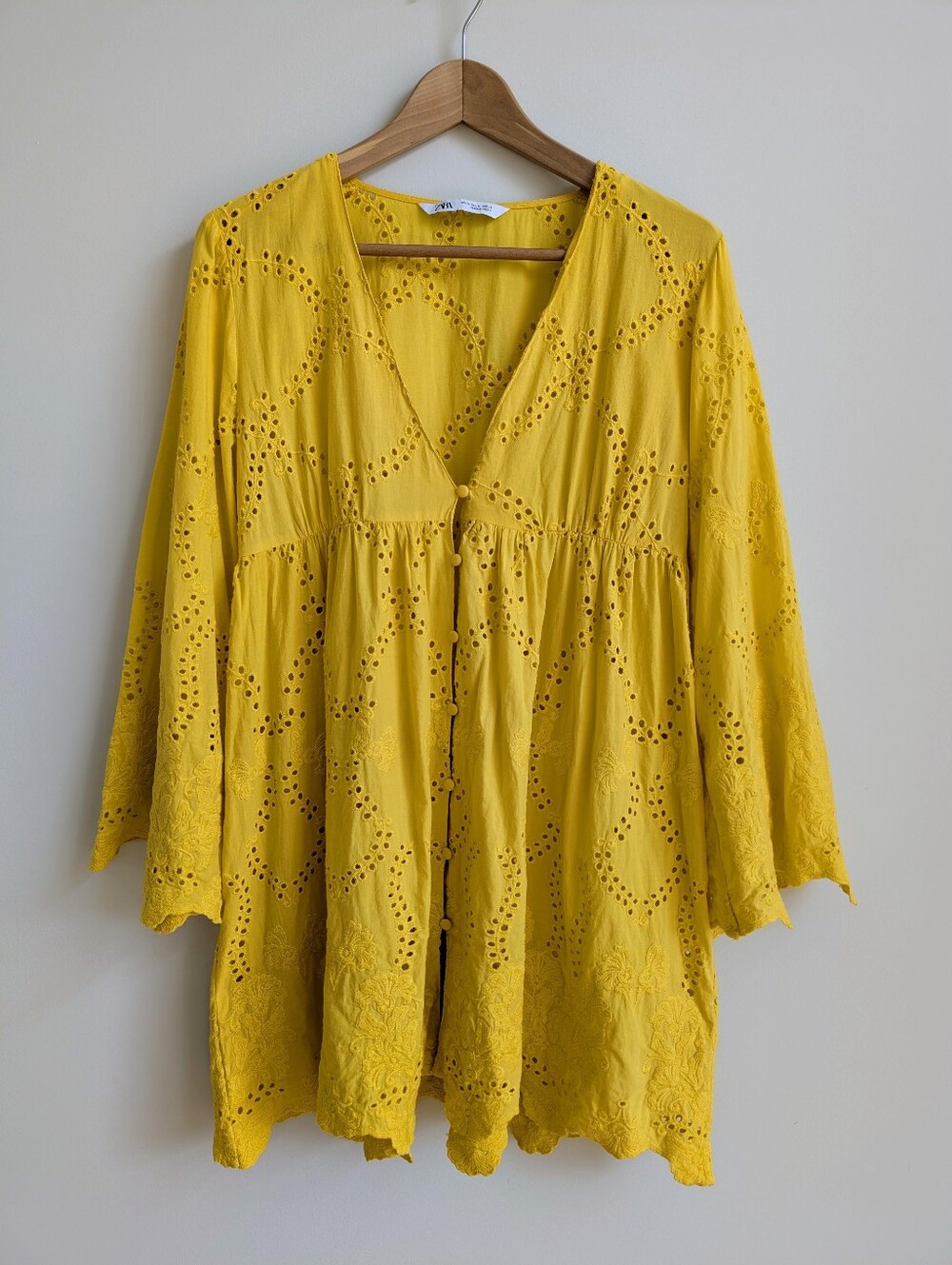 Zara Medium Eyelet Sunny Yellow Short Mini Dress Bell Sleeves Button Down